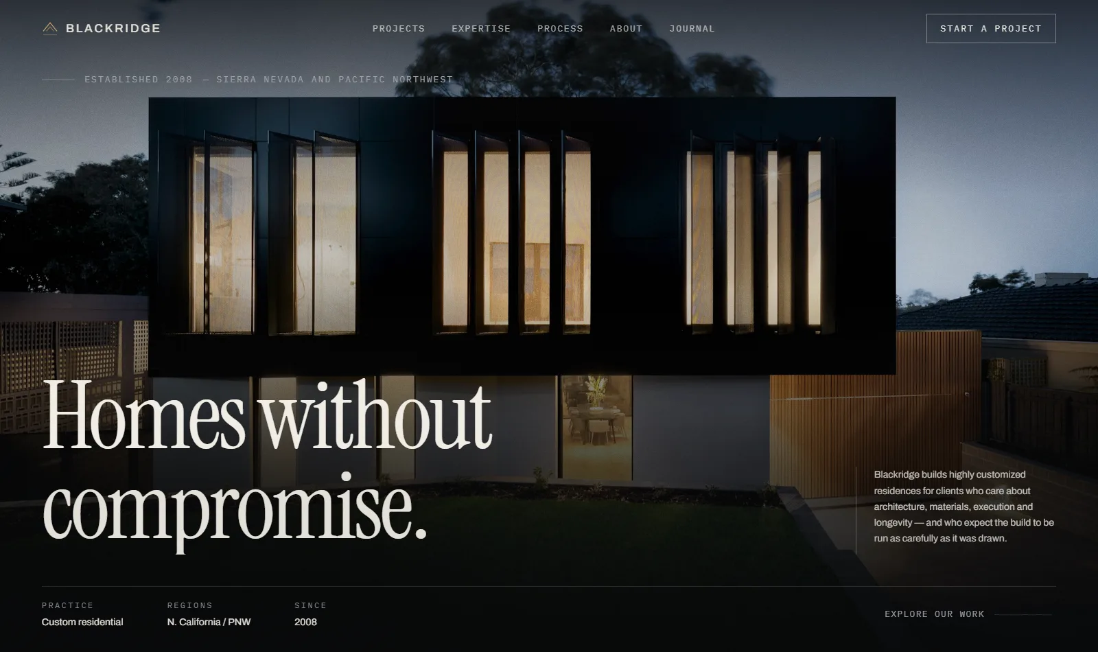 The Blackridge homepage at desktop width, with navigation, a full-bleed photograph and a two-line serif headline.