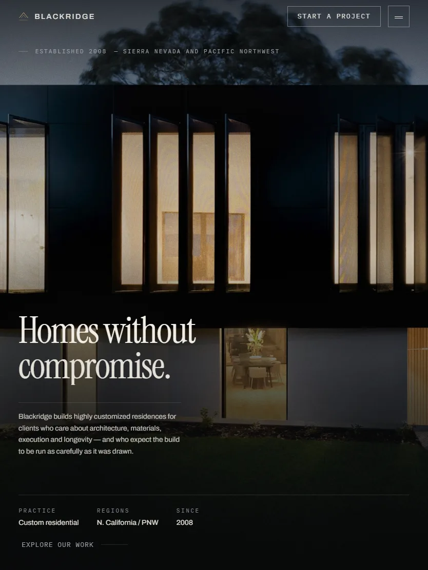 The same Blackridge homepage at tablet width, with the headline reflowed and the image cropped taller.